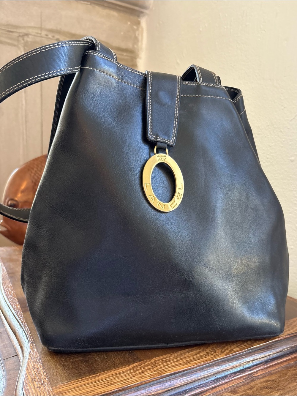 Lancel Black Leather Tote with Gold Logo Charm